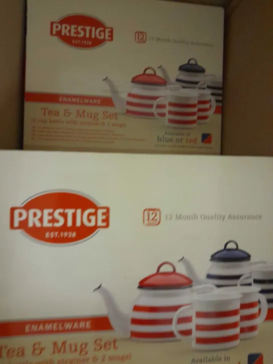 BRAND NEW PRESTIGE ENAMELWARE TEAPOT AND MUG SET - RED STRIPE