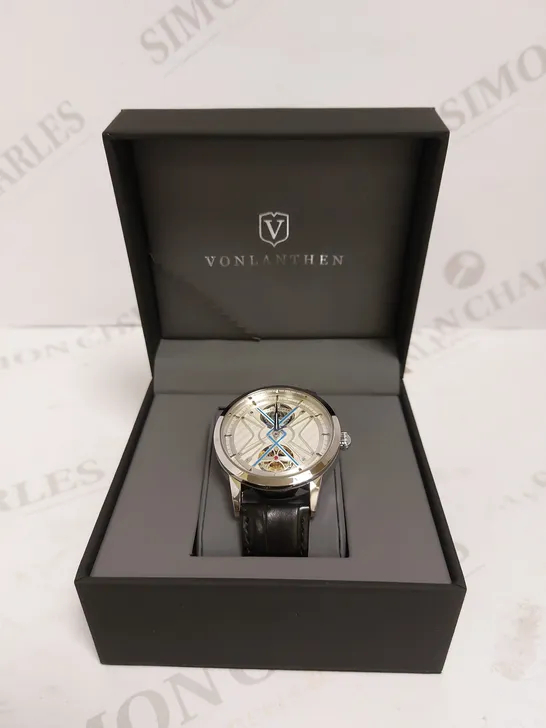 MENS VONLANTHEN AUTOMATIC WATCH – SILVER AND BLUE TEXTURED DIAL - GLASS EXHIBITION BACKCASE – BLACK LEATHER STRAP