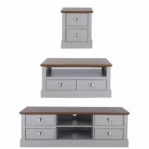 BOXED GRADE 1 CRAWFORD 3 PIECE PACKAGE GREY/DARK OAK ( TV UNIT, COFFEE TABLE & LAMP TABLE  - 2 BOXES)