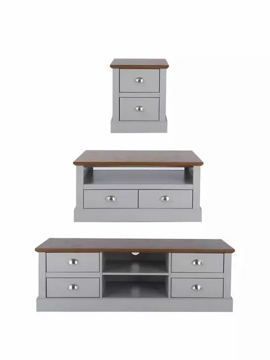 BOXED GRADE 1 CRAWFORD  SET OF TV UNIT, COFFEE TABLE & LAMP TABLE GREY/DARK OAK (2 BOXES)