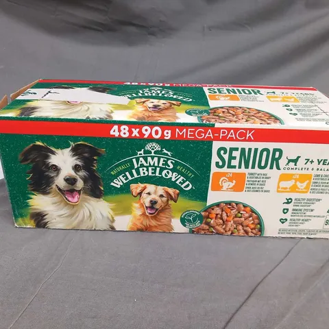 BOXED JAMES WELLBELOVED NATURALLY HEALTHY SENIOR 7+ YEARS COMPLETE AND BALANCED 48X 90G POUCHES TO INCLUDE; 24 TURKEY WITH RICE AND VEGETABLES IN GRAVY AND LAMB AND CHICKEN WITH RICE AND VEGETABLES IN