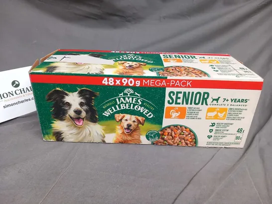 BOXED JAMES WELLBELOVED NATURALLY HEALTHY SENIOR 7+ YEARS COMPLETE AND BALANCED 48X 90G POUCHES TO INCLUDE; 24 TURKEY WITH RICE AND VEGETABLES IN GRAVY AND LAMB AND CHICKEN WITH RICE AND VEGETABLES IN