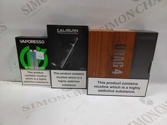 LOT OF APPROXIMATELY 28 ASSORTED E-CIGARETTES AND LIQUIDS TO INCLUDE VOOPOO DRAG 4, UWELL CALIBURN A2 POD SYSTEM, VAPORESO XROS 3 MINI, ETC