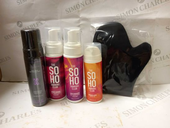 LOT OF 5 TANNING PRODUCTS TO INCLUDE VELVETY DARK TANNING FOAM, THE SOHO CLUB COCO PARADISE EXTRA DARK MOUSSE, TANNING MIT, ETC