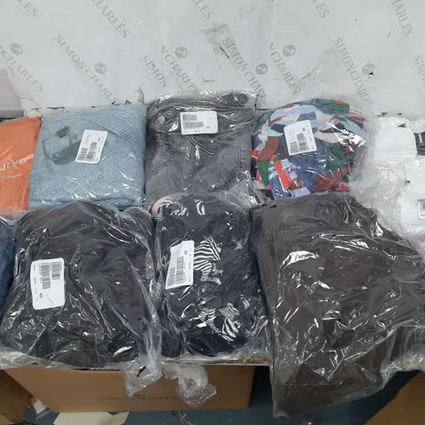 BOX OF APPROXIMATELY 10 ASSORTED BAGGED CLOTHING PIECES IN VARIOUS STYLES AND SIZES 