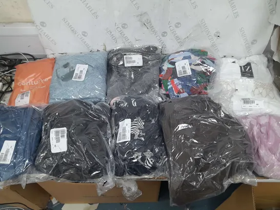 BOX OF APPROXIMATELY 10 ASSORTED BAGGED CLOTHING PIECES IN VARIOUS STYLES AND SIZES 