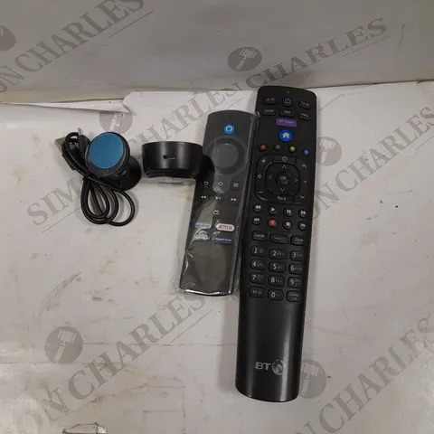 BOX OF APPROXIMATELY 15 ELECTRICALS AND CABLES TO INCLUDE AMAZON FIRE TV REMOTE, BT YOUVIEW BOX REMOTE, HD IOT CAMERA, ETC