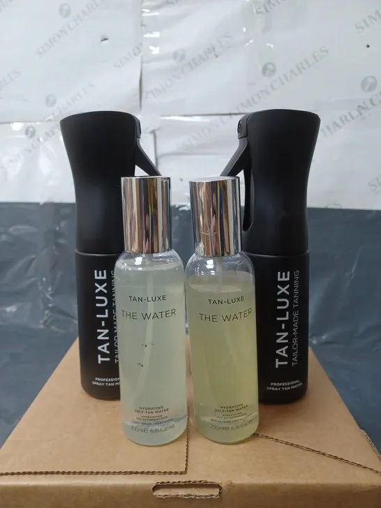 LOT CONTAINING TAN-LUXE BOTTLES TO INCLUDE THE WATER AND 2 SPRAY TAN MIST BOTTLES