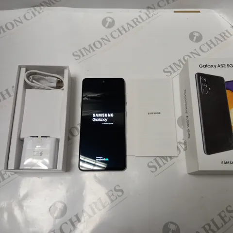 BOXED SANSUNG GALAXY A52 5G IN WHITE, WITH POWER ADAPTER, USB CABLE AND INSTRUCTIONS