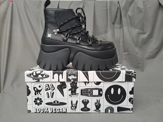 BOXED PAIR OF KOI VEGAN SIGMAR CHUNKY HIKING BOOTS IN BLACK UK SIZE 3