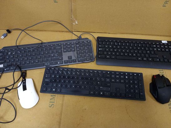 BOX OF APPROX 10 ASSORTED KEYBOARDS AND MICE TO INCLUDE MICROSOFT WIRELESS KEYBOARD, MICROSOFT WIRELESS MOUSE, LOGI WIRED BACKLIGHT KEYBOARD