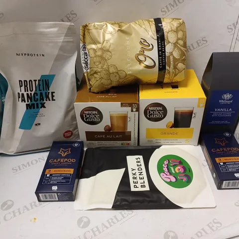 LOT OF APPROXMATELY 8 ITEMS TO INCLUDE NESCAFE DOLCE GUSTO CAFE AU LAIT (30 PODS), MYPROTEIN PANCAKE MIX MAPLE SYRUP (1KG), SELEZIONE ORO CAFFE IN GRANI COFFEE BEANS (1KG), ETC