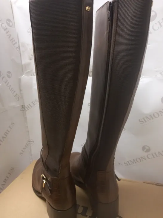 BROWN LEATHER STRAP DETAIL HIGH LEG BOOTS - SIZE 8