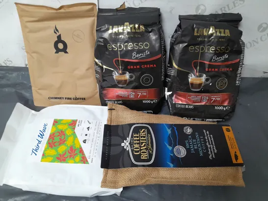 LOT OF 5 ASSORTED PACKS OF COFFEE INCLUDES LAVAZZA ESPRESSO AND THIRD WAVE BEANS