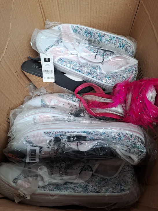 BOX OF APPROXIMATLY 5 SHOE IN VARIOUS SIZE AND DESIGNS 