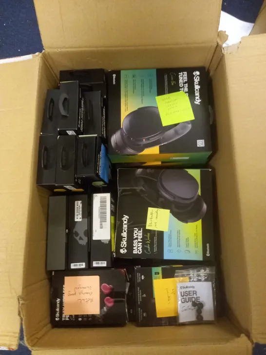 BOX OF APPROXIMATELY 50 ASSORTED FAULTY SKULLCANDY HEADSETS IN VARIOUS STYLES AND COLOURS