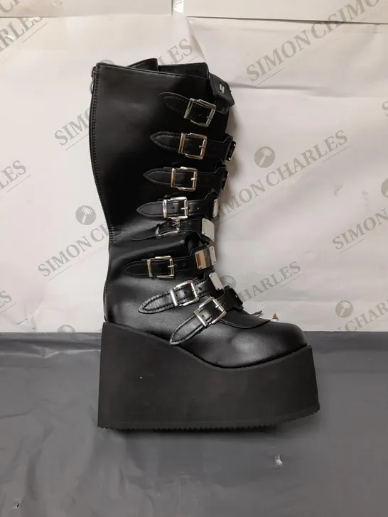 UNBRANDED LADIES KNEE HIGH BLACK BUCKLE WEDGE BOOTS SIZE EU 37