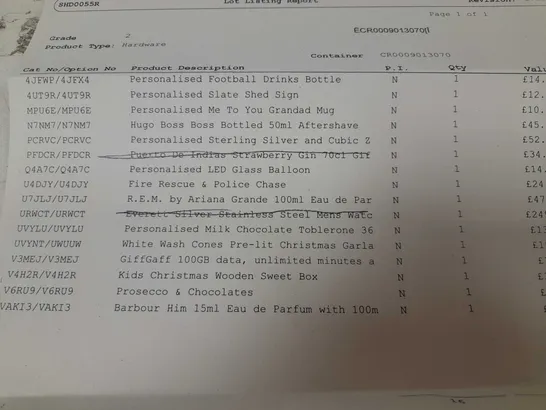 APPROXIMATELY 14 ASSORTED PRODUCTS TO INCLUDE; FOOTBALL DRINKS BOTTLE, HUGO BOSS BOTTLED 50ML AFTERSHAVE, FIRE RESCUS AND POLICE CHASE LEGO, GIFFGAFF 100GB DATA, KIDS WOODEN SWEET BOX AND BARBOUR HIM  RRP £360