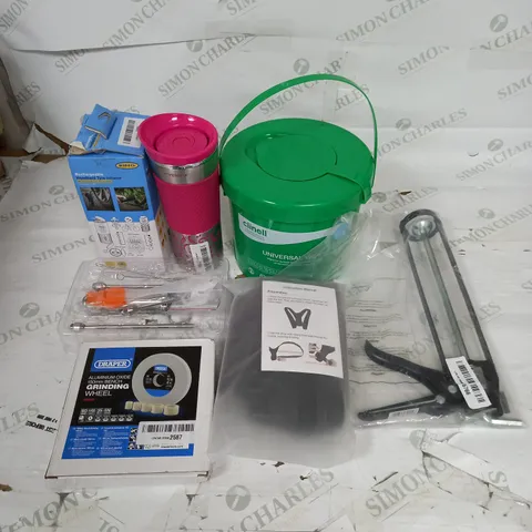 LARGE BOX OF APPROXIMATELY 25 ASSORTED HOUSEHOLD GOODS TO INCLUDE DIGITAL AIR COMPRESSOR, KETTLE, TYRE INFLATOR, AND FLASK ETC.