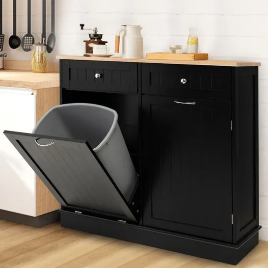 BOXED COSTWAY RUBBER WOOD KITCHEN TRASH CABINET WITH SINGLE TRASH CAN HOLDER AND ADJUSTABLE SHELF - BLACK