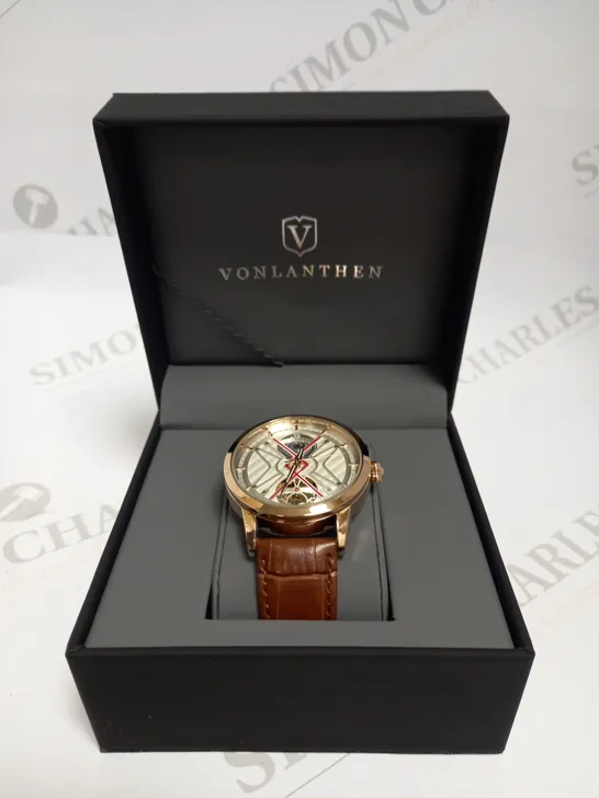 MENS VONLANTHEN AUTOMATIC WATCH – SILVER AND RED TEXTURED DIAL - GLASS EXHIBITION BACKCASE – BROWN LEATHER STRAP