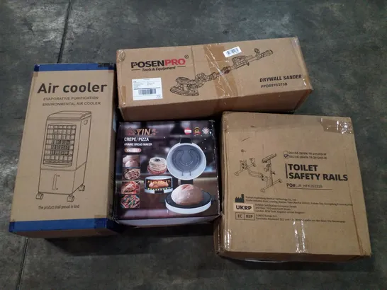 PALLET OF ASSORTED PRODUCTS INCLUDING TOILET SAFETY RAILS, DRYWALL SANDER, AIR COOLER, ARABIC BREAD MAKER, AIR PURIFIER 