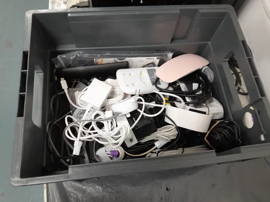 TOTE OF APPROXIMATELY 15 ASSORTED HOUSEHOLD ITEMS TOO INCLUDE WIRELESS MOUSE, REMOTES, AND CHARGERS ETC. 