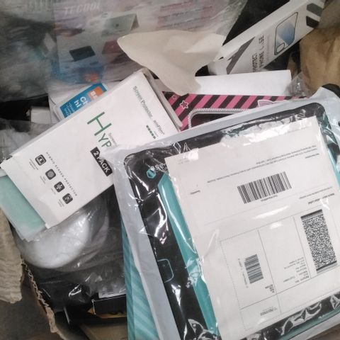 BOX OF ASSORTED ITEMS INCLUDING SCREEN PROTECTORS, SHOCK PROOF CASES FOR PHONES AND TABLETS 