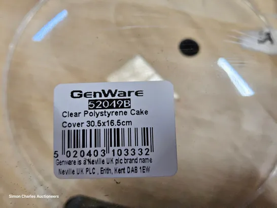 THREE CASES CONTAINING 6 × GENWARE CLEAR POLYESTER CAKE COVERS, 1000 × 96mm DOME LIDS & 250 × BREWDOG WHITE HOPPY MEAL BOXES.