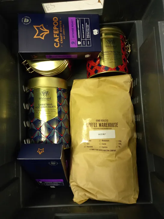 BOX OF APPROXIMATELY 10 ASSORTED TEA & COFFEE PRODUCTS TO INCLUDE WHITTARD INSTANT TEA, WHITTARD MEDIUM ROAST COFFEE, CAFEPOD CAPSULES ETC 