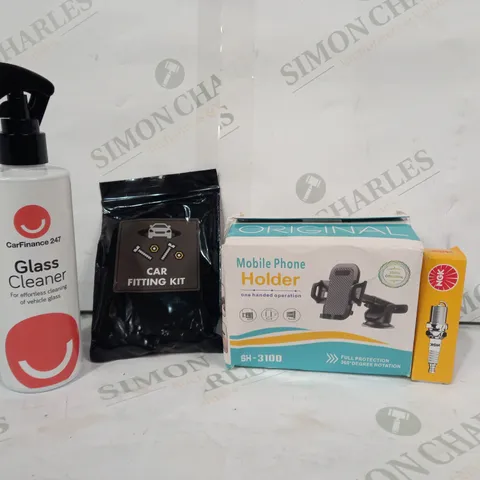 LOT OF APPROXIMATELY 10 ASSORTED CAR AND VEHICLE PARTS AND ACCESSORIES TO INCLUDE SH-3100 MOBILE PHONE HOLDER, GLASS CLEANER, NGK SPARK PLUG, ETC