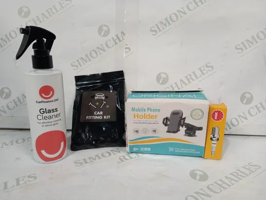 LOT OF APPROXIMATELY 10 ASSORTED CAR AND VEHICLE PARTS AND ACCESSORIES TO INCLUDE SH-3100 MOBILE PHONE HOLDER, GLASS CLEANER, NGK SPARK PLUG, ETC