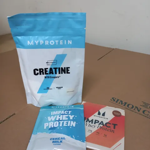 MYPROTEIN CREATINE WITH CREAPURE POWDER AND 2 SAMPLE SACHETS OF WHEY PROTEIN POWDER 