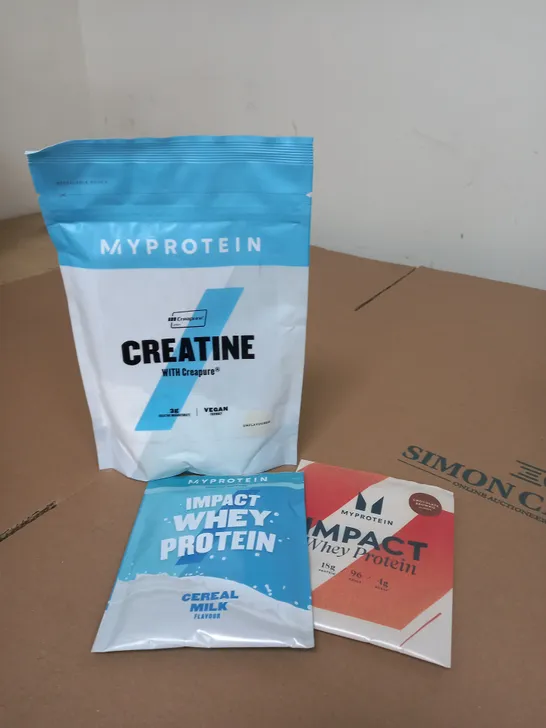 MYPROTEIN CREATINE WITH CREAPURE POWDER AND 2 SAMPLE SACHETS OF WHEY PROTEIN POWDER 