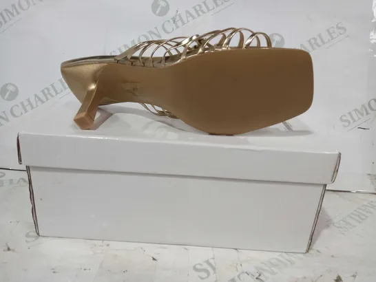 BOXED PAIR OF WAREHOUSE KNOTTED STRAPPY LOW HEEL SANDALS IN METALLIC GOLD EU SIZE 38