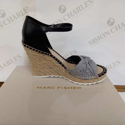 BOXED PAIR OF MARC FISHER WEDGED SANDALS - BLACK AND WHITE SIZE 9.5