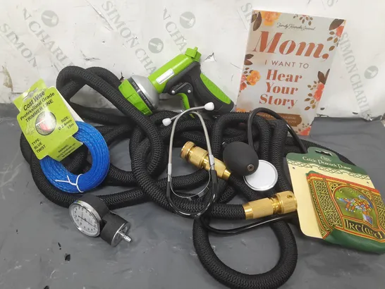 APPROXIMATELY 12 ASSORTED HOUSEHOLD ITEMS TO INCLUDE HOSE HEAD, COST WIRE, STETHOSCOPE, ETC