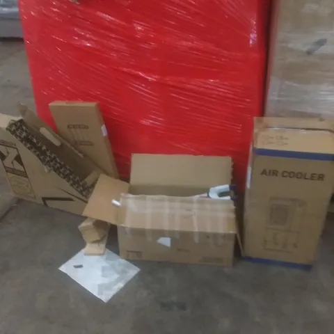 PALLET OF ASSORTED ITEMS INCLUDING AIR COOLER, CHILDREN'S TRICYCLE, SHOE RACK