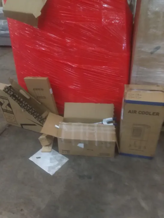 PALLET OF ASSORTED ITEMS INCLUDING AIR COOLER, CHILDREN'S TRICYCLE, SHOE RACK