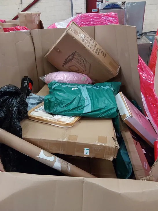 PALLET OF ASSORTED HOUSEHOLD ITEMS AND CONSUMER PRODUCTS. INCLUDING BLENDER, AIR FRYER, PULL UP BAR, COMPRESSOR DEHUMIDIFIER ETC