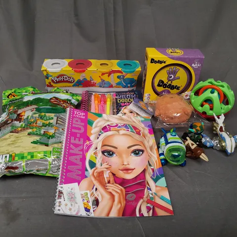 BOX OF ASSORTED TOYS AND GAMES TO INCLUDE PLAY-DOH, DOBBLE AND WRITING PADS