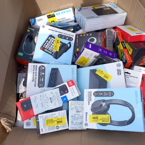 LARGE BOX OF ASSORTED ELECTRICAL PRODUCTS TO INCLUDE; BIG BUTTON LANDLINE PHONE, BLACK WE POWER BANK, ROKU EXPRESS, BLUETOOTH QI CHARGING ALARM CLOCK AND BLACKWEB USB WEBCAM