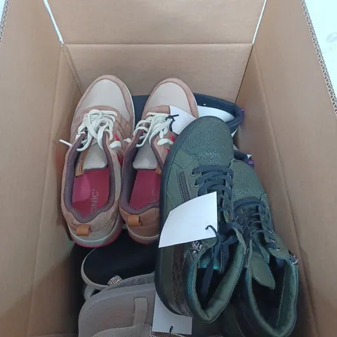 BOX OF APPROXIMATELY 10 SHOES AND FOOTWEAR IN VARIOUS STYLES TO INCUDE, VIONIC, ADESSO AND SKETCHERS ECT