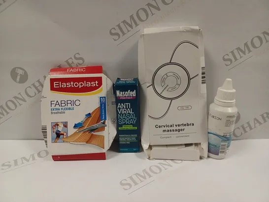 APPROXIMATELY 20 ASSORTED HEALTH PRODUCTS TO INCLUDE CERVICAL VERTEBRA MASSAGER, ANTI-VIRAL NASAL SPRAY, ELASTOPLAST FABRIC, EYE FUSION MULTI-PURPOSE SOLUTION ETC.