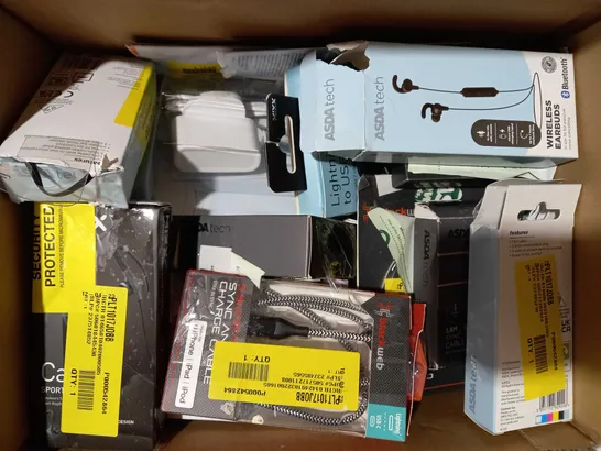 BOX OF APPROXIMATELY 20 ASSORTED ELECTRICAL ITEMS TO INCLUDE ASDA TECH SYNC AND CHARGE CABLE, BLACKWEB USB-A TO USB-C CABLE, ONN WIRELESS BLUETOOTH EARPHONES, ETC