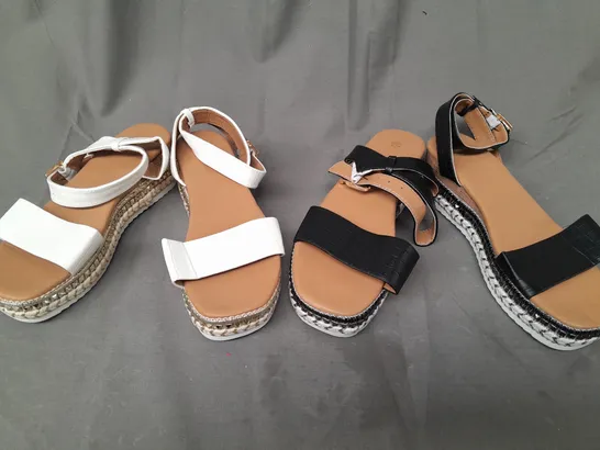 BOX OF APPROXIMATELY 5 PAIRS OF DESIGNER OPEN TOE WEDGE SANDALS IN VARIOUS SIZES TO INCLUDE WHITE AND BLACK VARIANTS