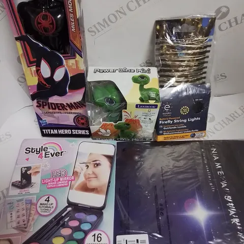 LOT OF 5 ASSORTED HOUSEHOLD ITEMS TO INCLUDE LED MAKE UP CASE, SPIDERMAN FIGURINE AND POWER DINO MINI