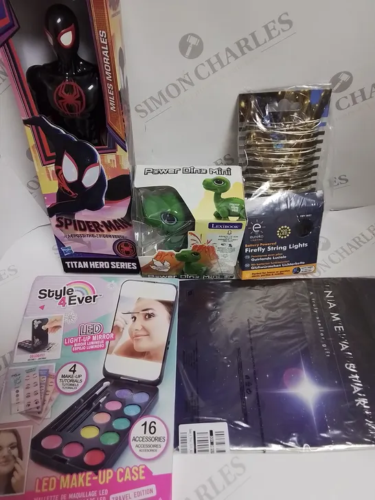 LOT OF 5 ASSORTED HOUSEHOLD ITEMS TO INCLUDE LED MAKE UP CASE, SPIDERMAN FIGURINE AND POWER DINO MINI