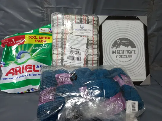 APPROXIMATELY 2015 ASSORTED ITEMS TO INCLUDE A4 FRAMES, DECOEXPRESS STORAGE BAGS, KING COLE SMOOTH DOUBLE KNITTEN STRING, ETC