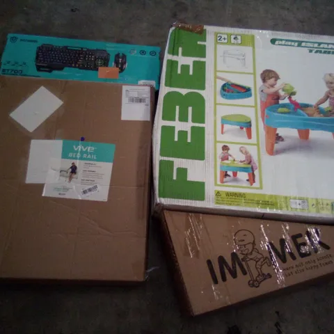 PALLET OF ASSORTED ITEMS INCLUDING VIVE BED RAIL, IMMEK KIDS SCOOTER, PLAY ISLAND TABLE, KEYBOARD & MOUSE SET, PRIVACY FILTER, HAKUNAMATTE PUZZLE MAT